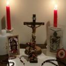Saint Valentine statue, devotional medal, and holy cards